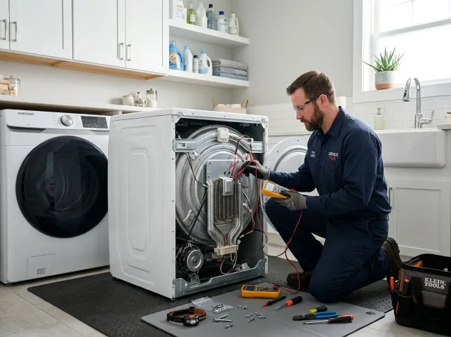 Appliance Repair Hero technician checking a dryer heating element with the rear panel off in Bow, WA