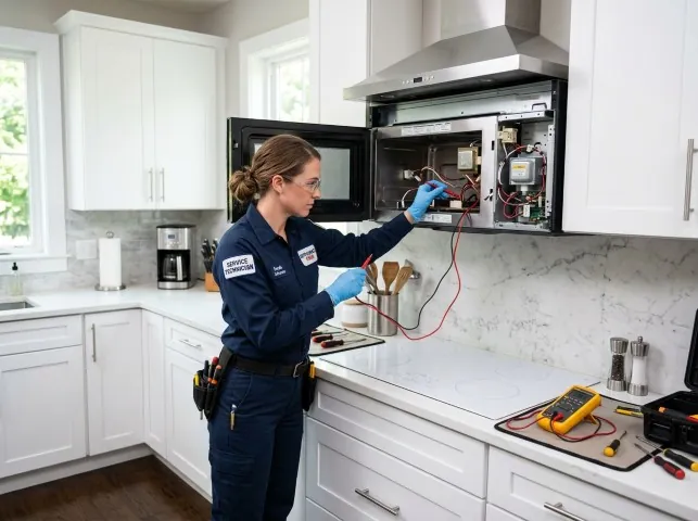 Appliance Repair Hero technician testing an over-the-range microwave in a Bow, WA kitchen