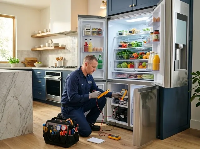 Appliance Repair Hero refrigerator technician testing a fridge on a Bow, WA service call