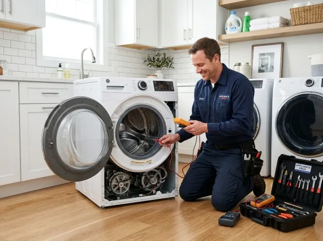 Appliance Repair Hero technician testing a front-load washer with a multimeter on a Bow, WA service call